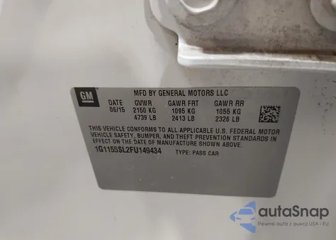 2015 Chevrolet Impala 1Lz from USA, damaged, VIN 1G1155SL2FU149434